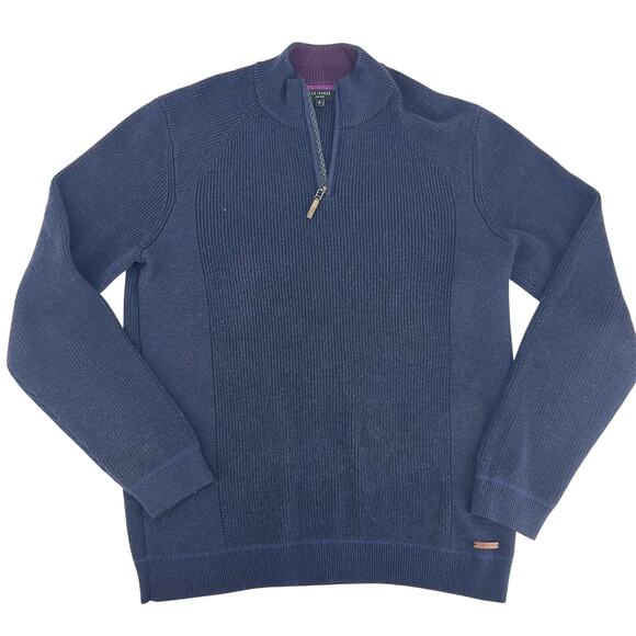 Ted Baker L Men's Navy Blue Polyester Wool Ribbed Knit Quarter Zip Sweater - Picture 1 of 6